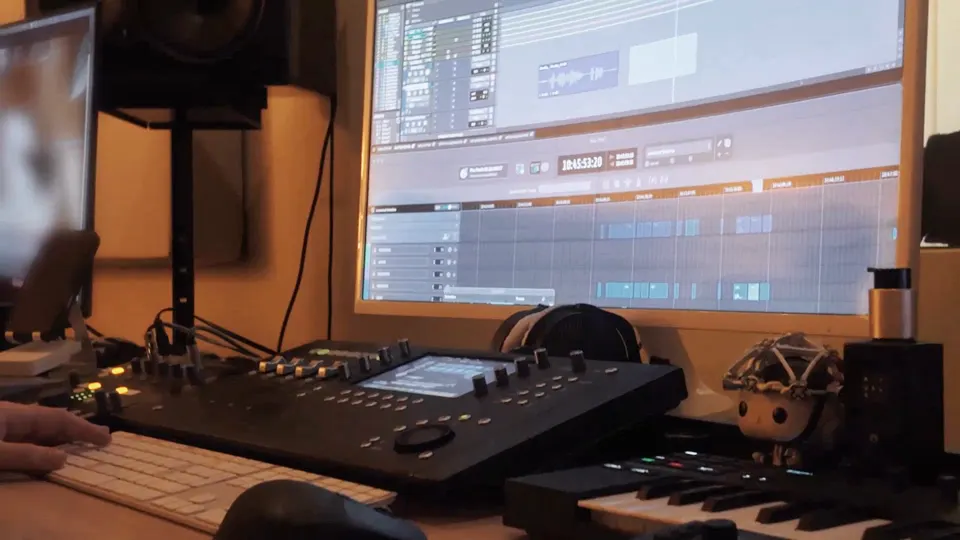 Regieplatz im Studio mit Mischpult und Aufnahmesoftware